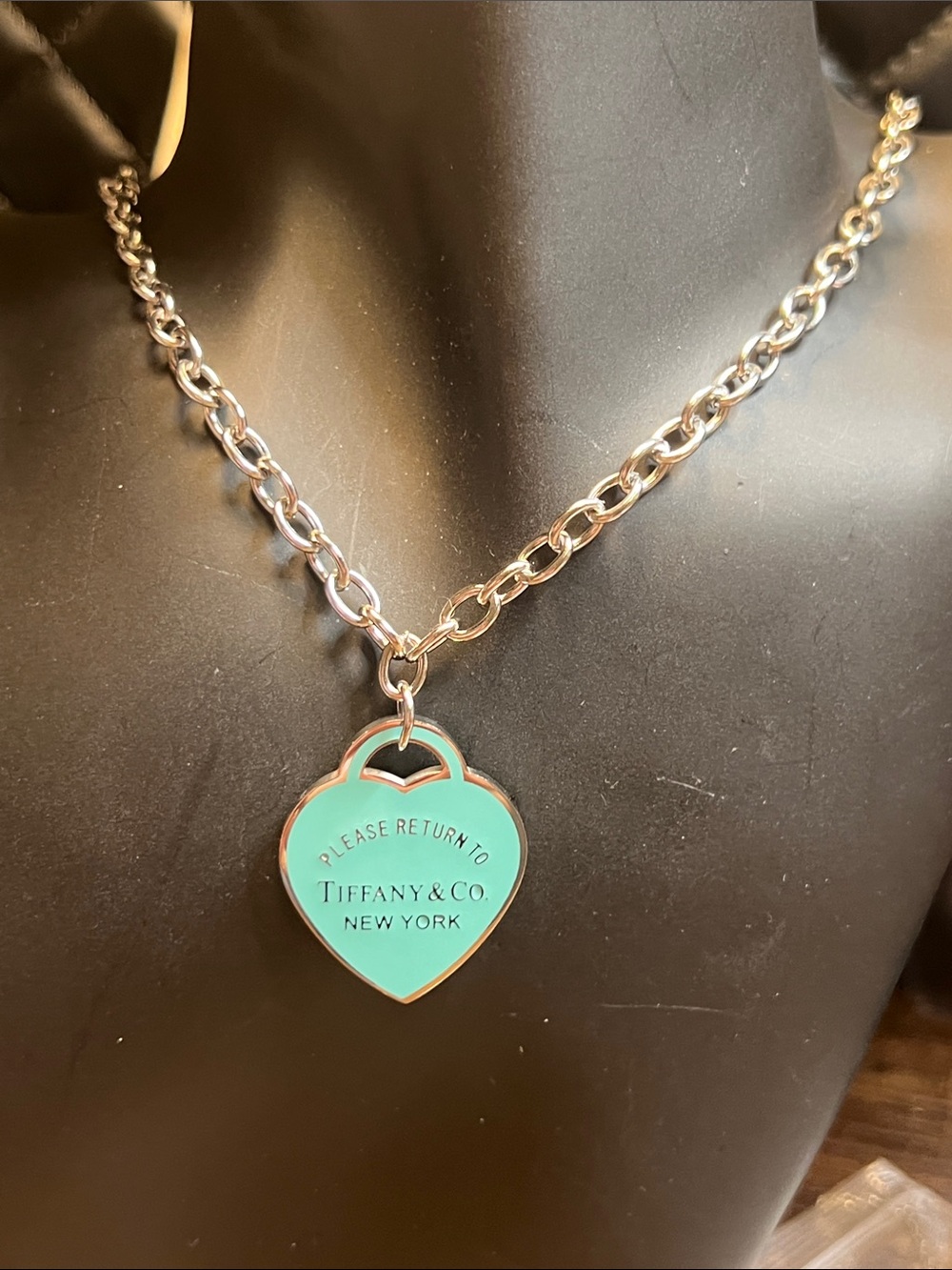 Silver Chain Necklace with Blue Heart Tag Pendant